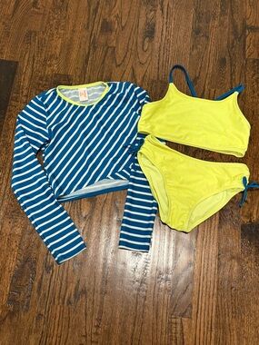Cat & Jack Blue Striped Rash Guard with Neon Yellow Bikini Set 3 Piece